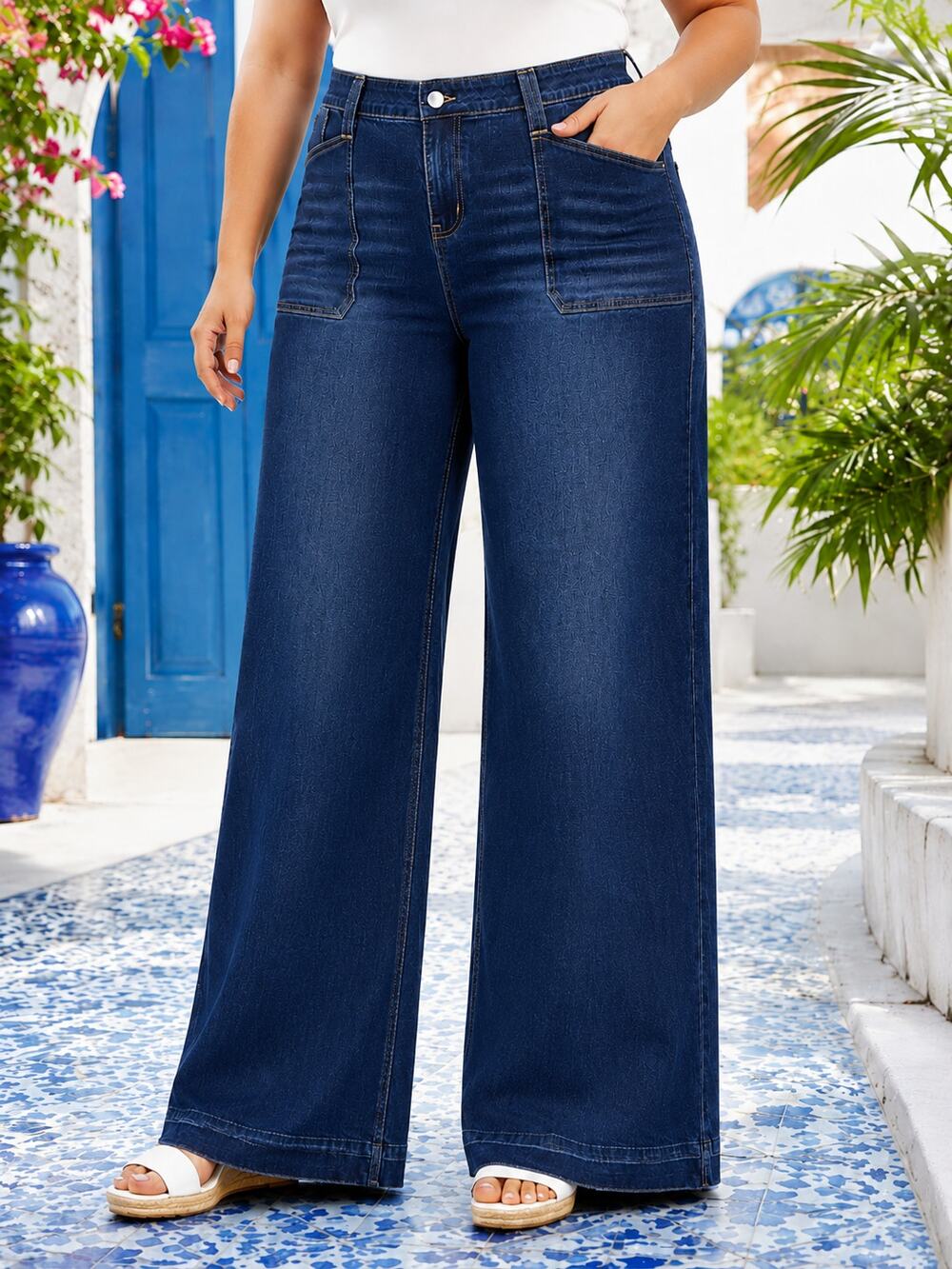 Flamingals Women’s 4XL or 18/20 Dark Wash Wide Leg Jeans Stretch Patch Pockets